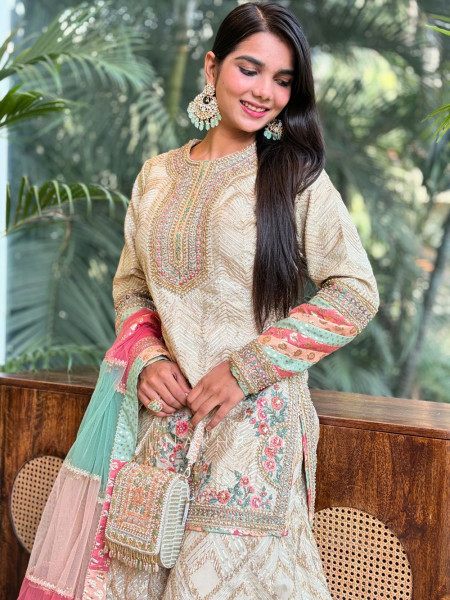 Elara Cream Kurta Palazzo Set with Embroidery Work