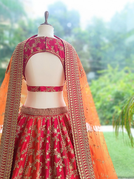 Meera Jodha Red Silk Georgette Bridal Lehenga With Zari & Sequin Floral Jaal Work