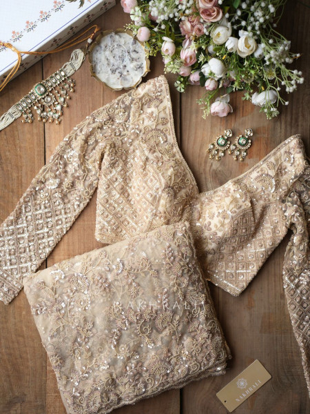 Begum Bahar Cream Net Saree with Sequin and Cut Work