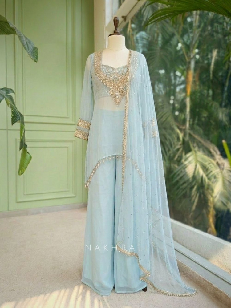 Image of Nazm Firozi Kurti Palazzo Suit Set With Mirror Embroidery