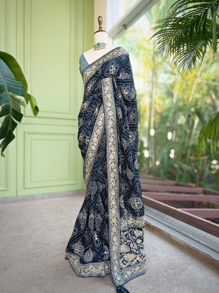 Rivaya Navy Blue Bandhej Saree With Runing Blouse