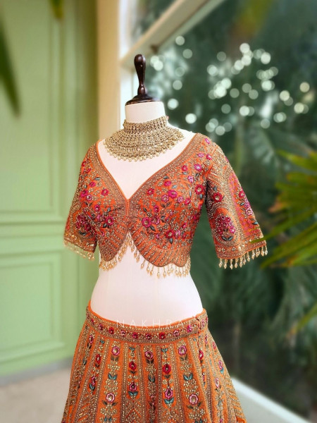 Suhira Tangerine Embroidered Lehenga with Sequin and Stone Work