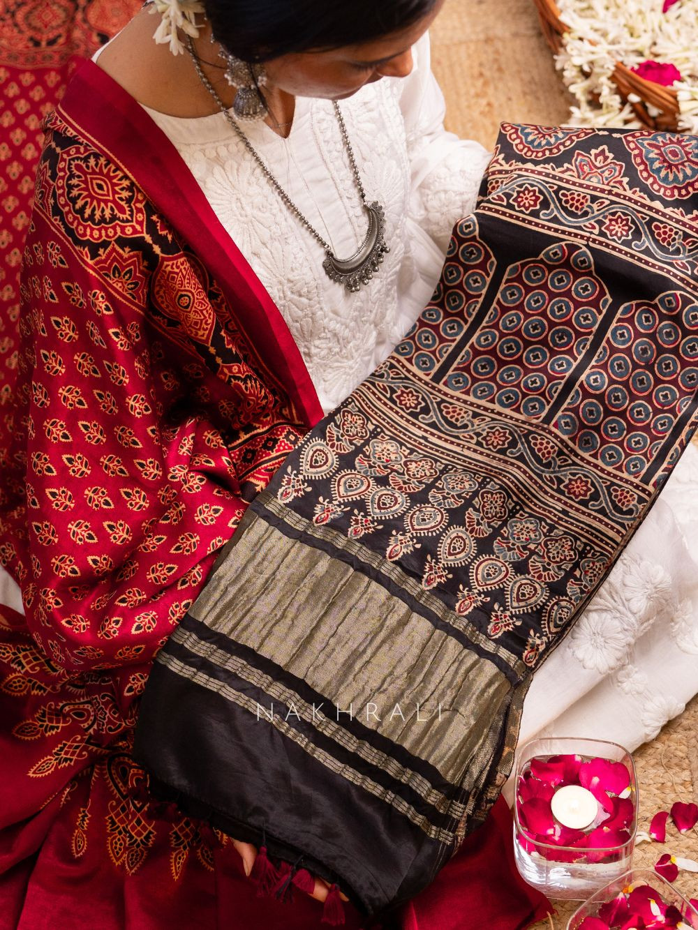 Black Modal Silk Ajrak Print Dupatta with Zari Border Black Modal Silk Ajrak Print Dupatta with Zari Border