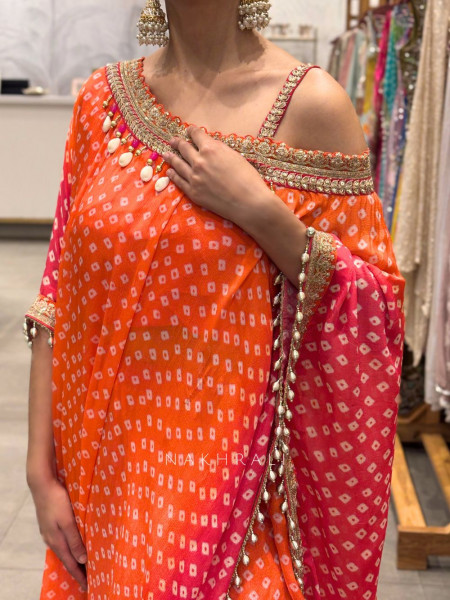Noorani Orange Pink Kaftan Palazzo Set with Gota Embroidery