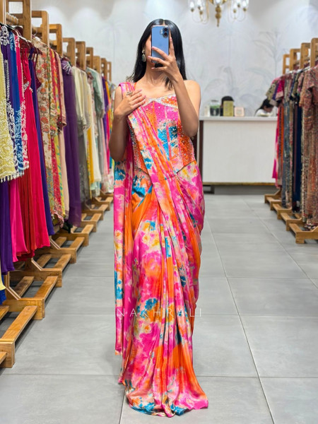 Nirvanta Multicolor Pre Drape Saree with Corset Stone Work Blouse