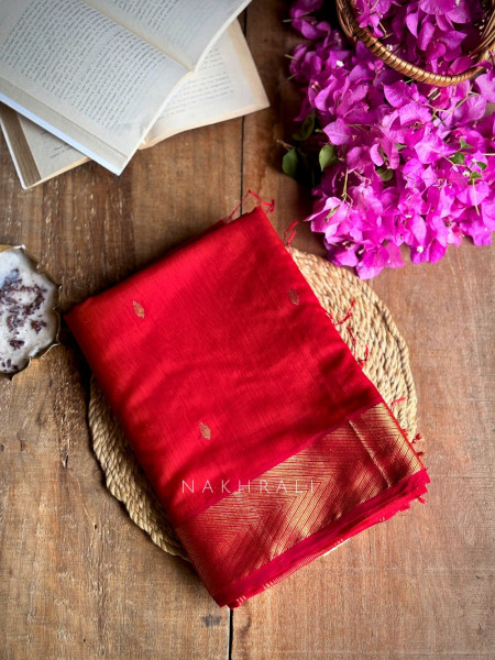 Maahishmati Red Maheshwari Saree with Zari Border