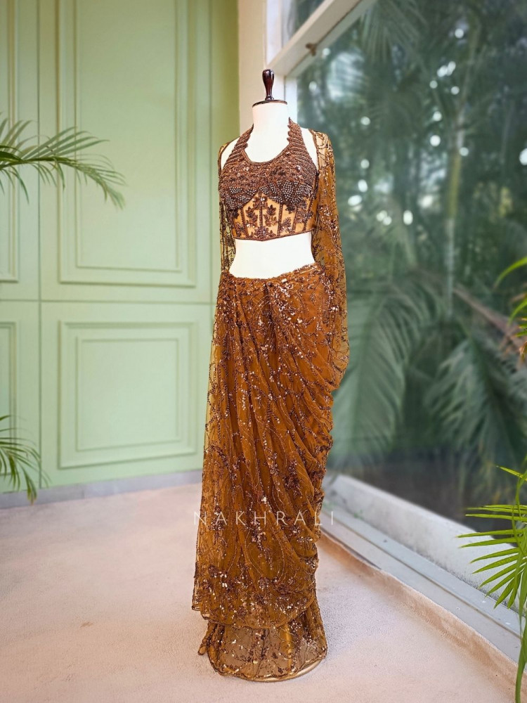 Image of Amber Gleam Net Drape Saree with Sequin and Cut Dana Work