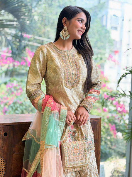 Elara Cream Kurta Palazzo Set with Embroidery Work
