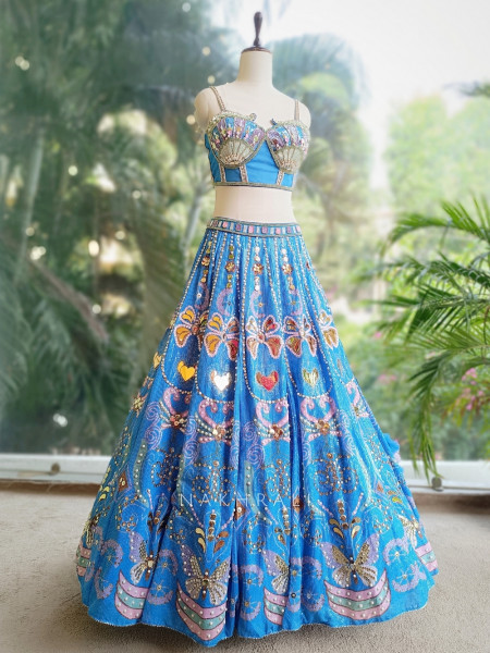 Ophira Blue Lehenga with Sequin, Pearl, and Mirror Work
