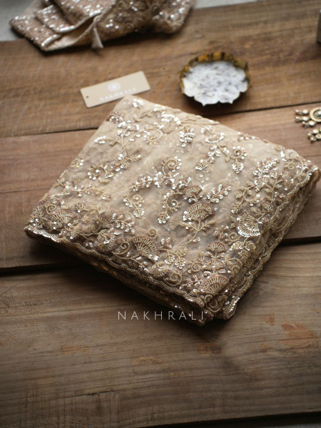 Begum Bahar Cream Net Saree with Sequin and Cut Work
