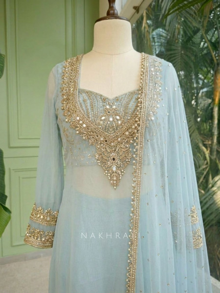 Nazm Firozi Kurti Palazzo Suit Set With Mirror Embroidery