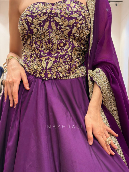 Astrid Wine Corset Lehenga Set with Sequin Zari Work