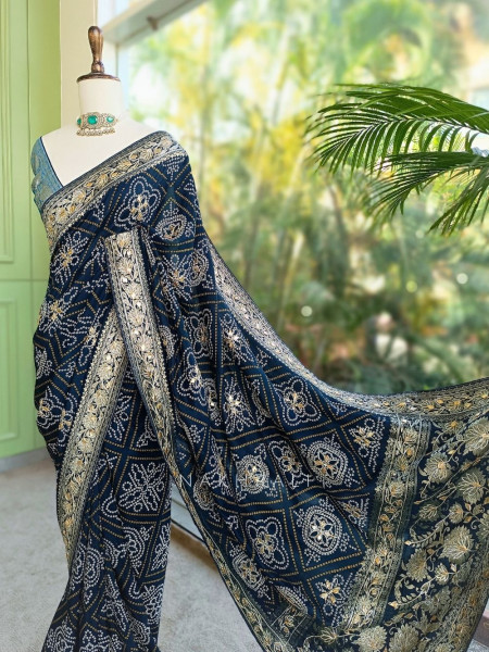 Rivaya Navy Blue Bandhej Saree With Runing Blouse