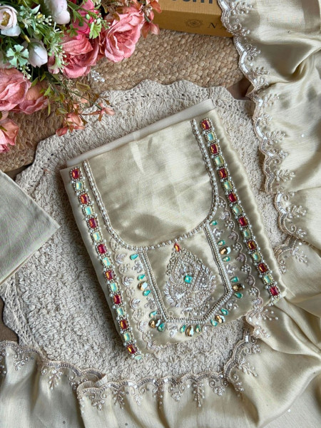Ruvika Cream Silk Dress Material with Stone Work