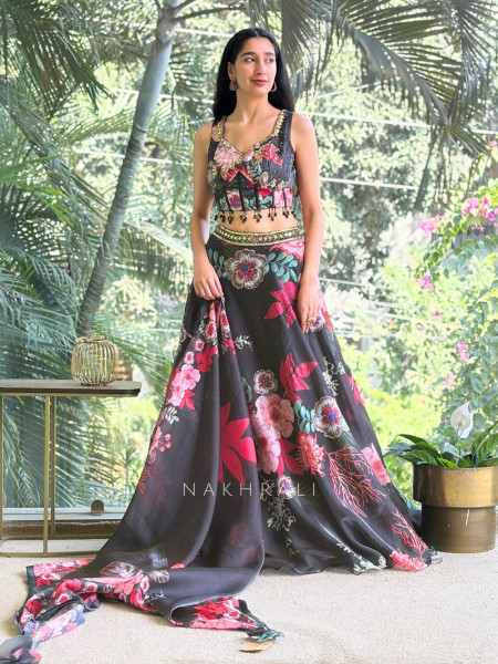 Kyra Black Embroidered Floral Lehenga Set with Mirror Work
