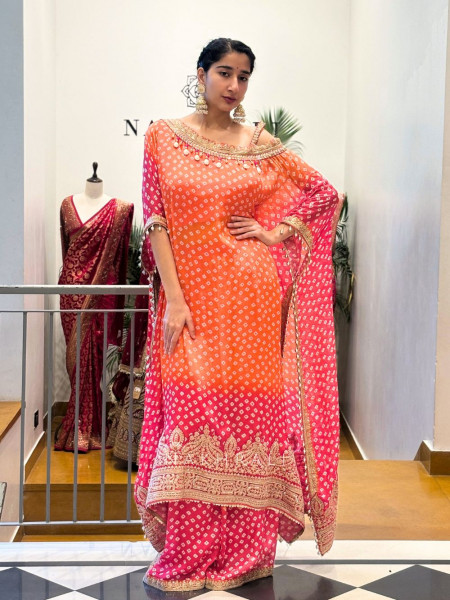 Noorani Orange Pink Kaftan Palazzo Set with Gota Embroidery