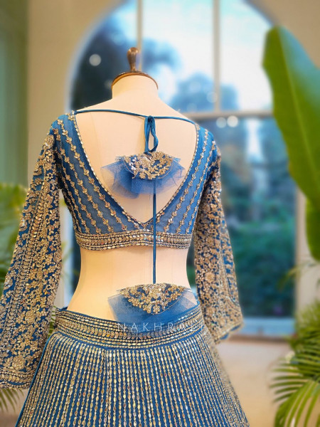 Selene Blue Velvet Bridal Lehenga with Silver Embroidery