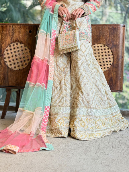 Elara Cream Kurta Palazzo Set with Embroidery Work