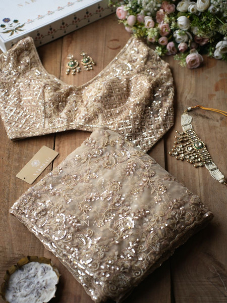 Begum Bahar Cream Net Saree with Sequin and Cut Work
