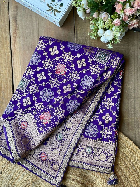 Anant Bindu Dark Purple Bandhani Print Saree with Sequin Border