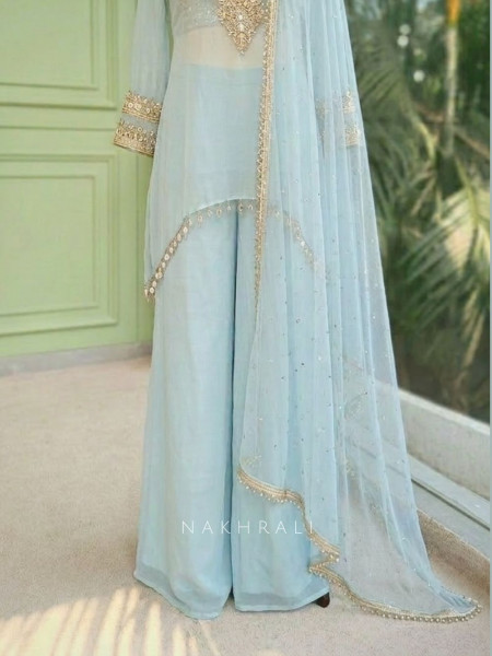 Nazm Firozi Kurti Palazzo Suit Set With Mirror Embroidery