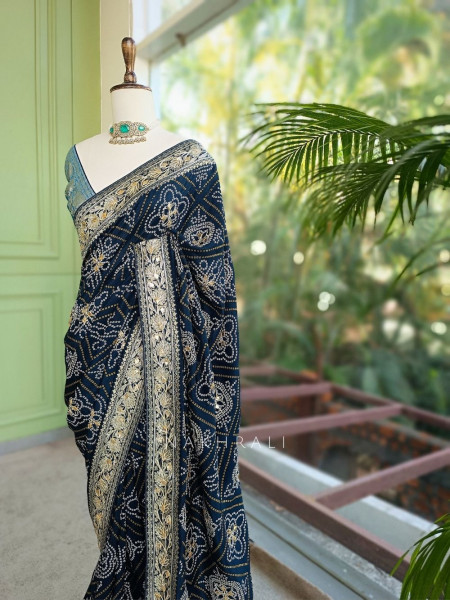 Rivaya Navy Blue Bandhej Saree With Runing Blouse