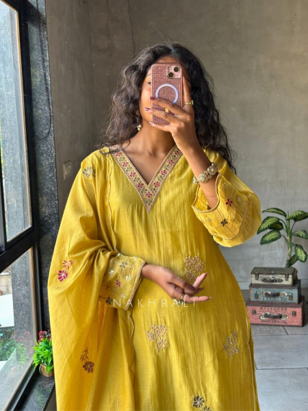 Mrinala Mustard Suit Set with Floral Embroidery