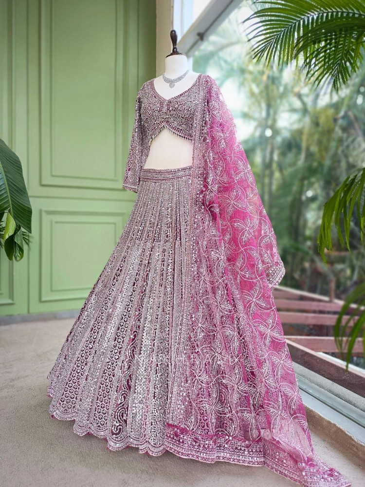 Image of Rivarka Wine Mirror and Bead Embroidered Bridal Lehenga