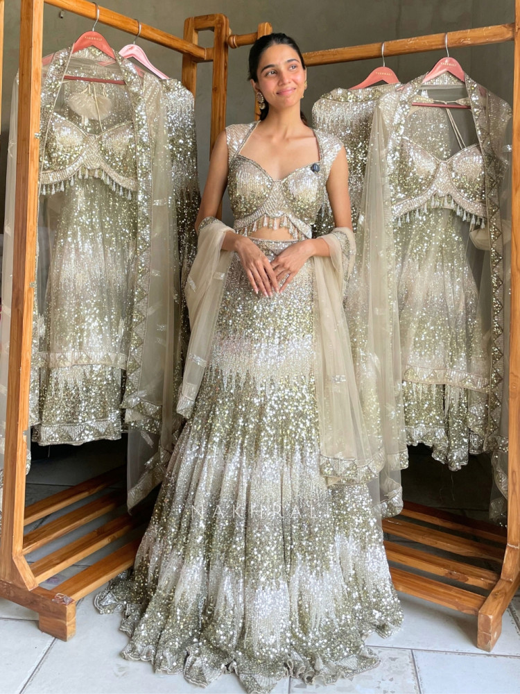 Image of Siren Grey &amp; Green Soft Net, Shimmer Mesh Lehenga Set