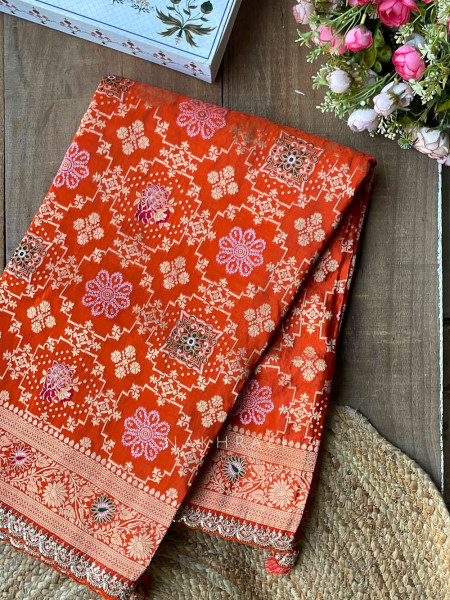 Anant Bindu Orange Bandhani Print Saree with Sequin Border