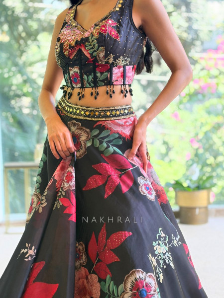 Kyra Black Embroidered Floral Lehenga Set with Mirror Work