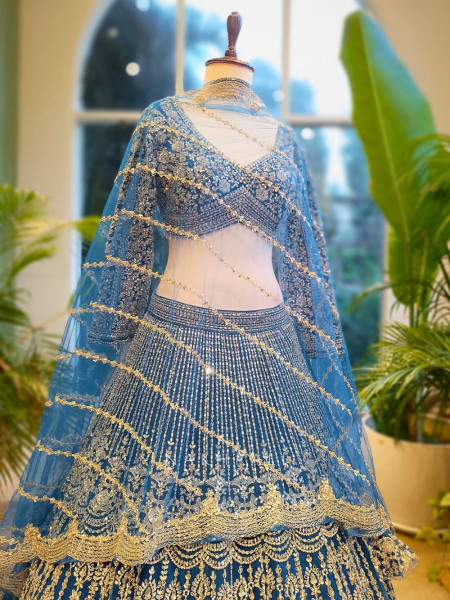 Selene Blue Velvet Bridal Lehenga with Silver Embroidery