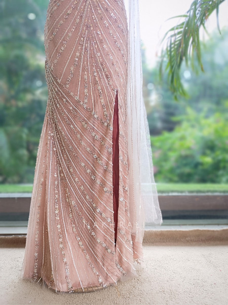 Serenique Light Pink Soft Net Mermaid Gown With Cutdana & Crystal Work