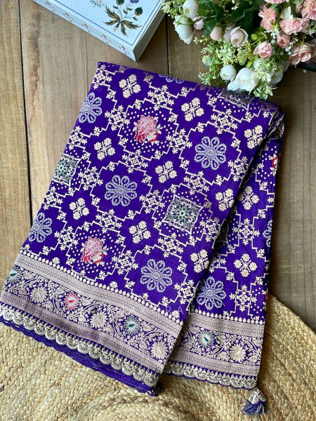 Anant Bindu Dark Purple Bandhani Print Saree with Sequin Border