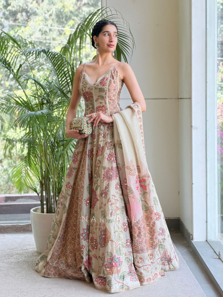 Mihira Pista Green Indo Western Corset Lehenga with Floral Kundan Work