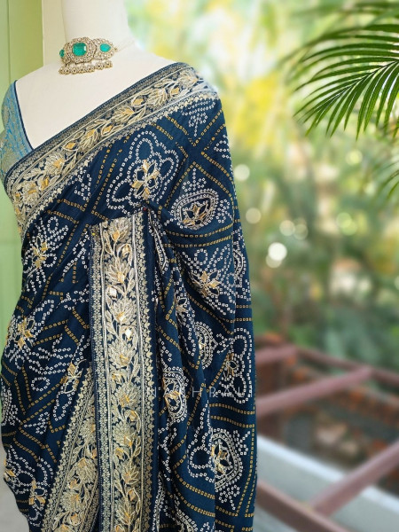 Rivaya Navy Blue Bandhej Saree With Runing Blouse