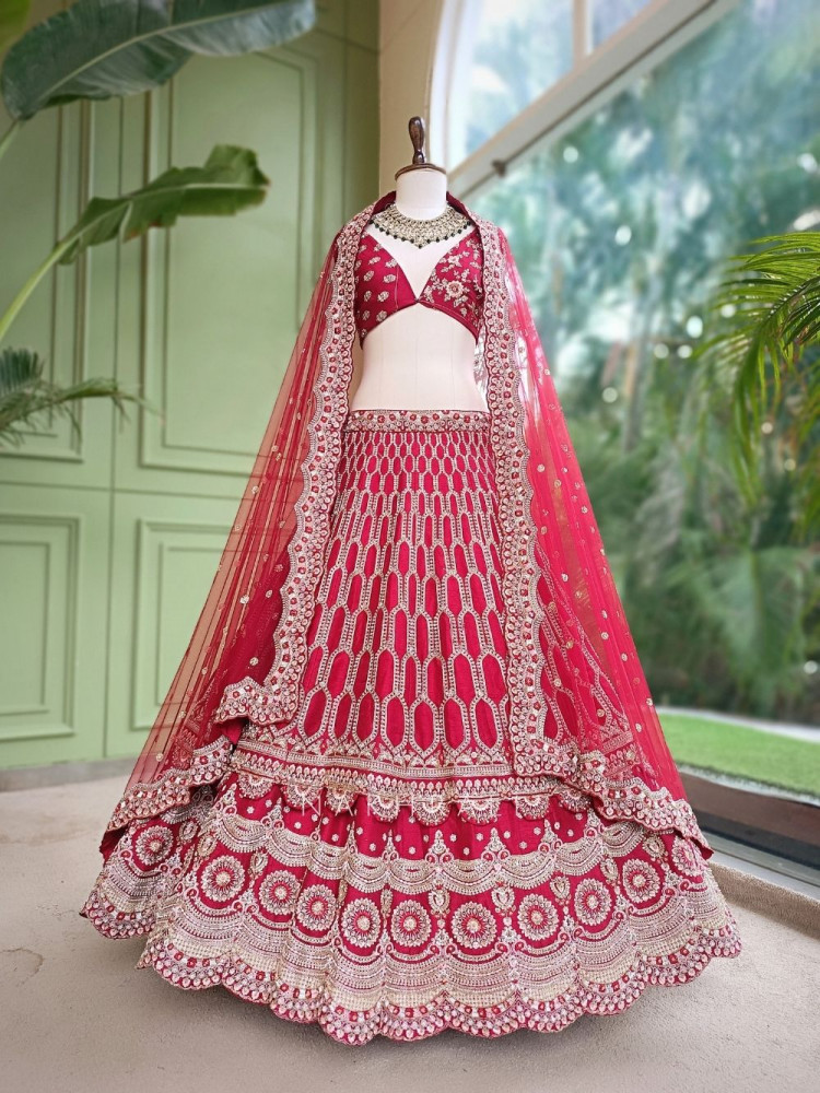 Image of Sindoorika Red Raw Silk Unstitched Bridal Lehenga
