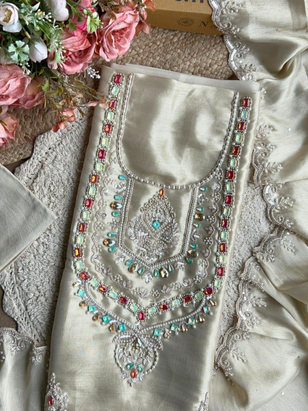 Ruvika Cream Silk Dress Material with Stone Work