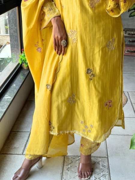 Mrinala Mustard Suit Set with Floral Embroidery