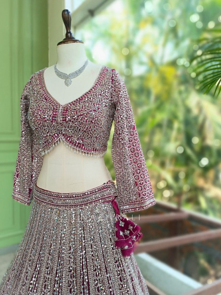 Rivarka Wine Mirror and Bead Embroidered Bridal Lehenga