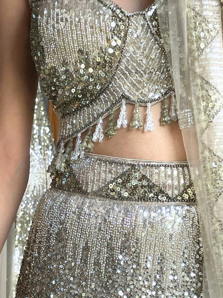 Siren Grey & Green Soft Net, Shimmer Mesh Lehenga Set