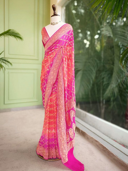 Rangrekha Bandhej Saree with Gota Zari Detailing