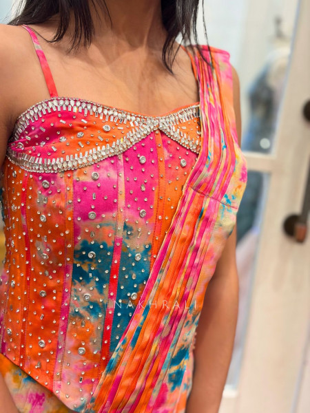 Nirvanta Multicolor Pre Drape Saree with Corset Stone Work Blouse