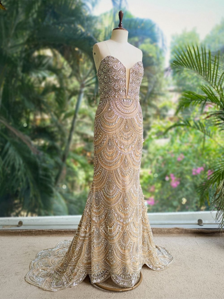 Image of Seraphina Beige Embellished Prom Gown with Cut Dana &amp; Sequin Work