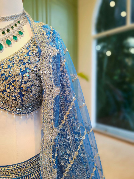 Selene Blue Velvet Bridal Lehenga with Silver Embroidery