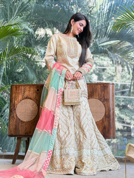 Elara Cream Kurta Palazzo Set with Embroidery Work