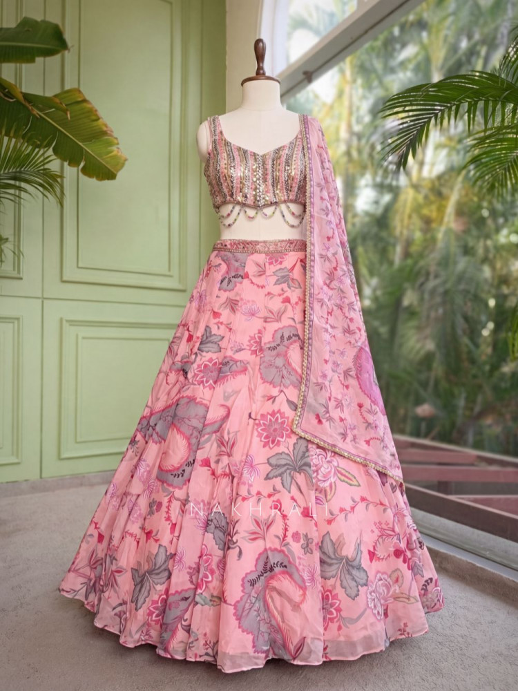 Image of Gulnaar Pink Organza Silk Lehenga Set with Floral Print &amp; Beaded Corset Work