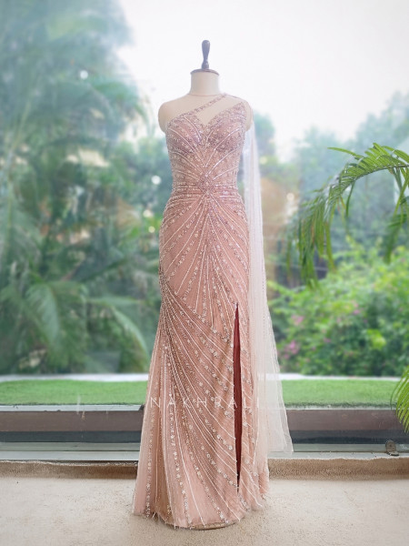 Serenique Light Pink Soft Net Mermaid Gown With Cutdana & Crystal Work