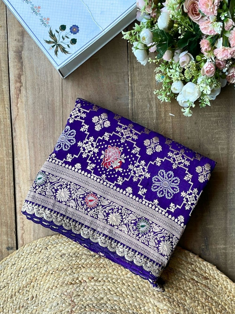 Image of Anant Bindu Dark Purple Bandhani Print Saree with Sequin Border