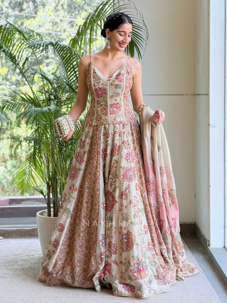 Mihira Pista Green Indo Western Corset Lehenga with Floral Kundan Work
